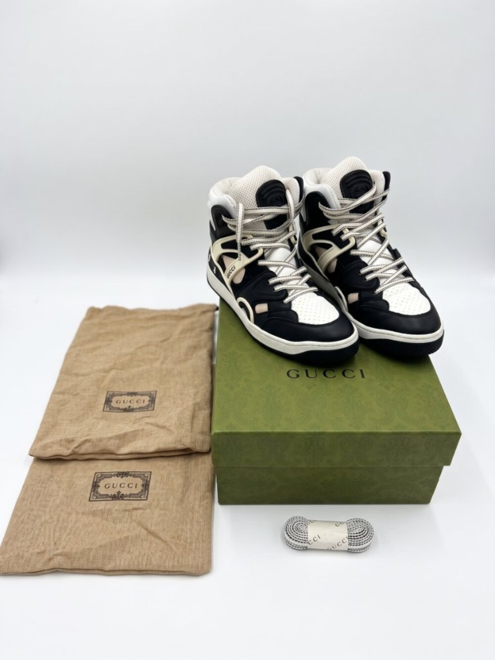 GUCCI Basket Leather High Top Sneakers Black White EU 36.5 / US 6.5 W/ Box